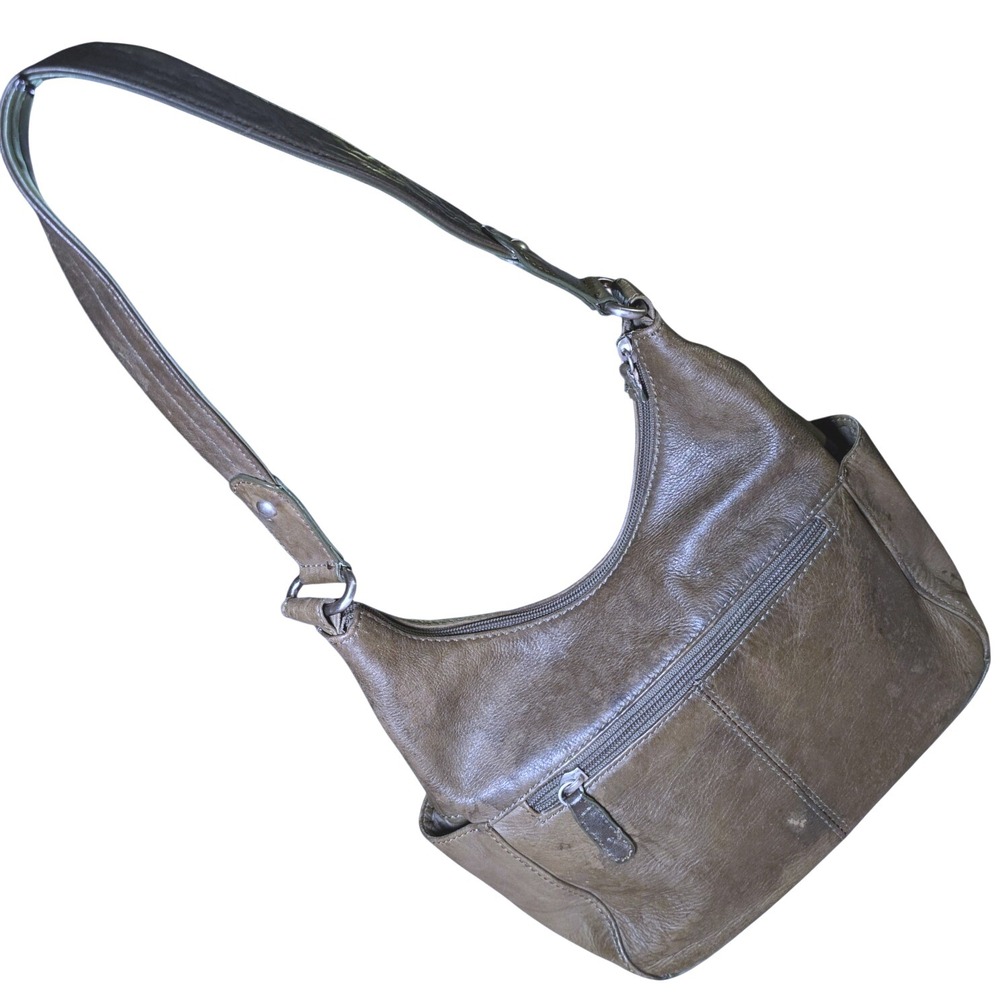 ST JOHNS BAY olive green leather zip hobo bag with two end pockets + zip pockets